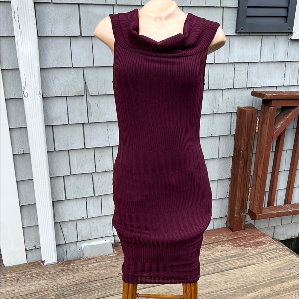 BCBGMaxAzria Ribbed Cowl Neck Sheath Midi Dress or strapless  wine color